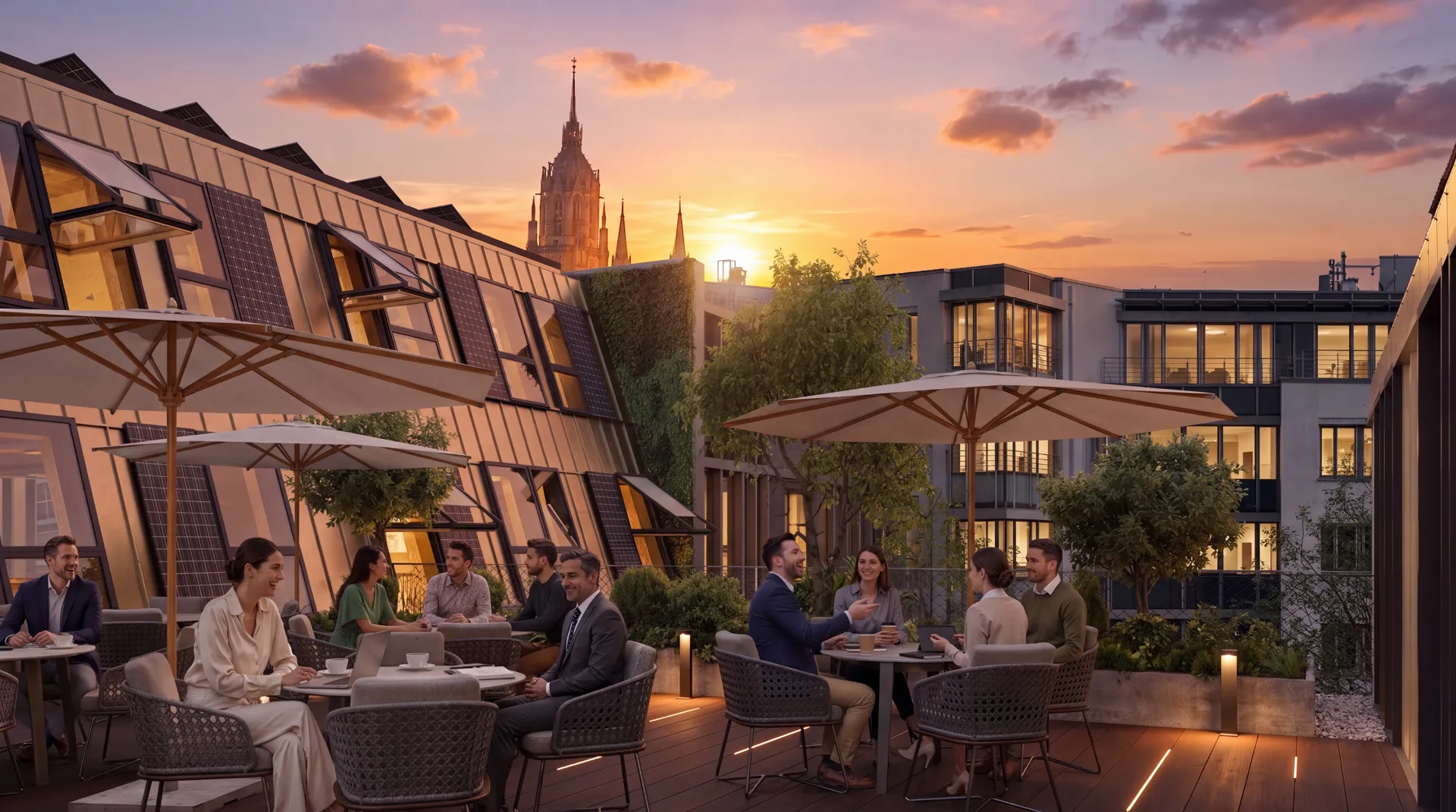 ALTERA Urban Office – Dachterrasse bei Sonnenuntergang